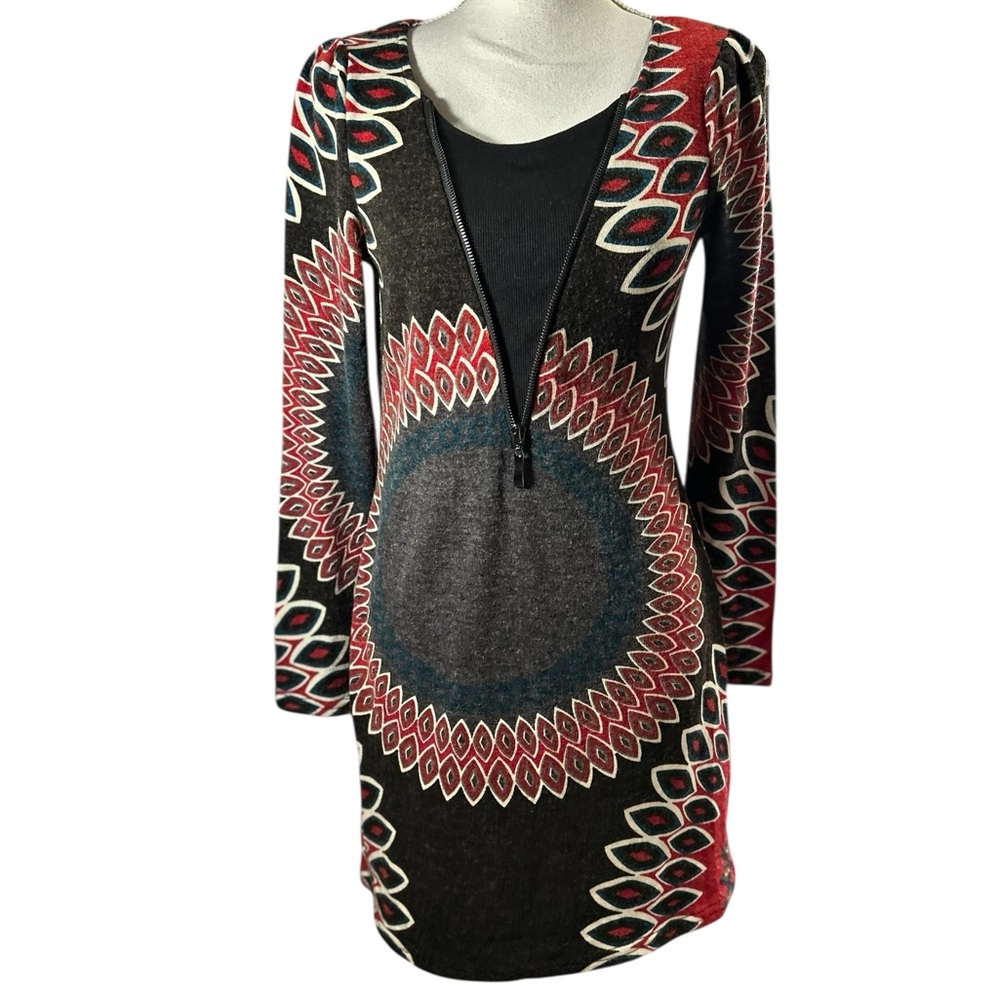 Aryeh Anthropologie Black and Red Geometric Sweater Mini Dress